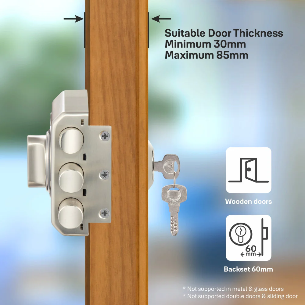 Yale Kratos™ 	KRT-LB-TT-SSM/BN Rim lock – Tribolt, 2 Deadbolts & 1 Latch Bolt, Thumbturn, 4 Dimple Keys (Satin Steel Matt and Black Nickel) - Image 4
