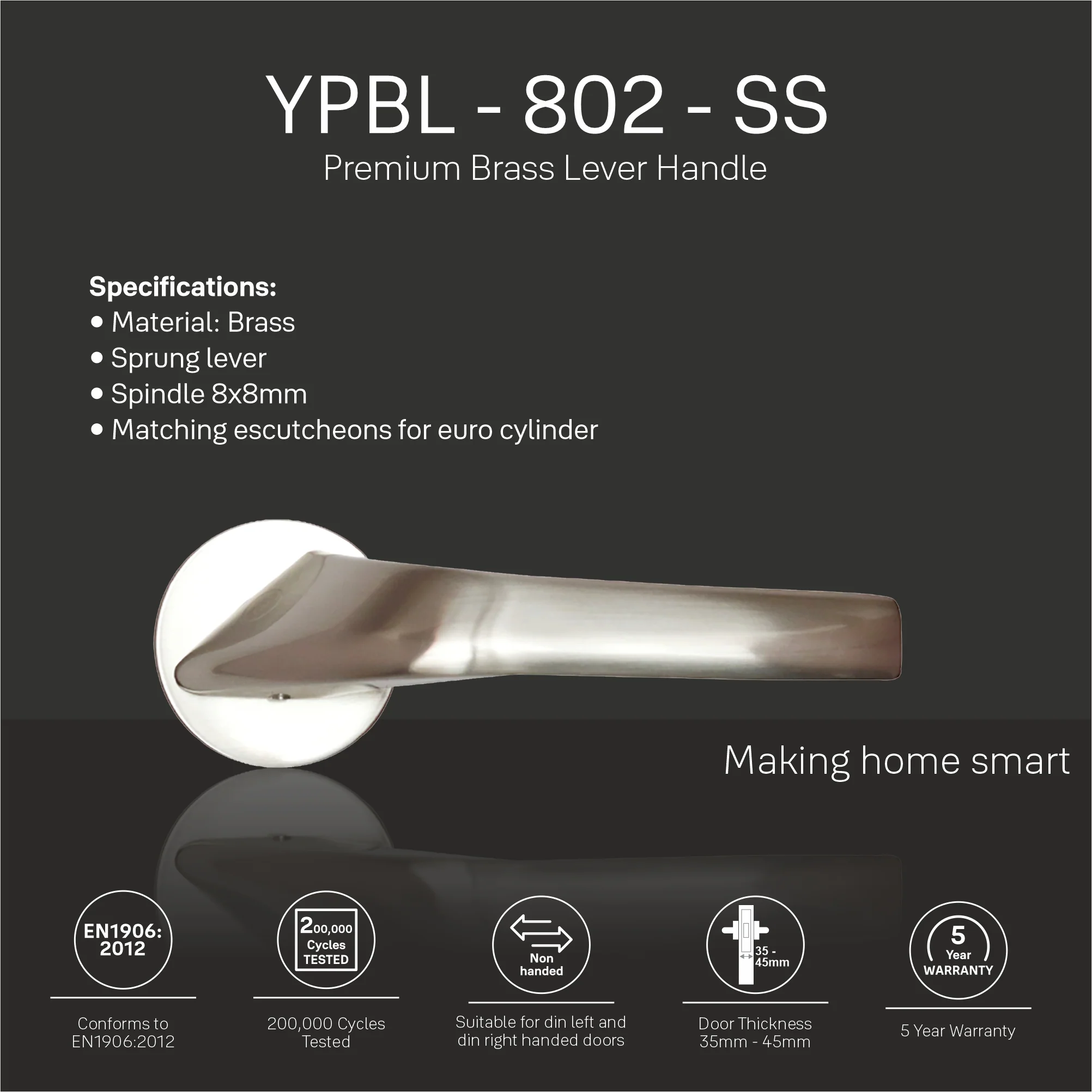 YPBL-802-SS Solid Brass Lever Handle, Satin Nickel - Image 3