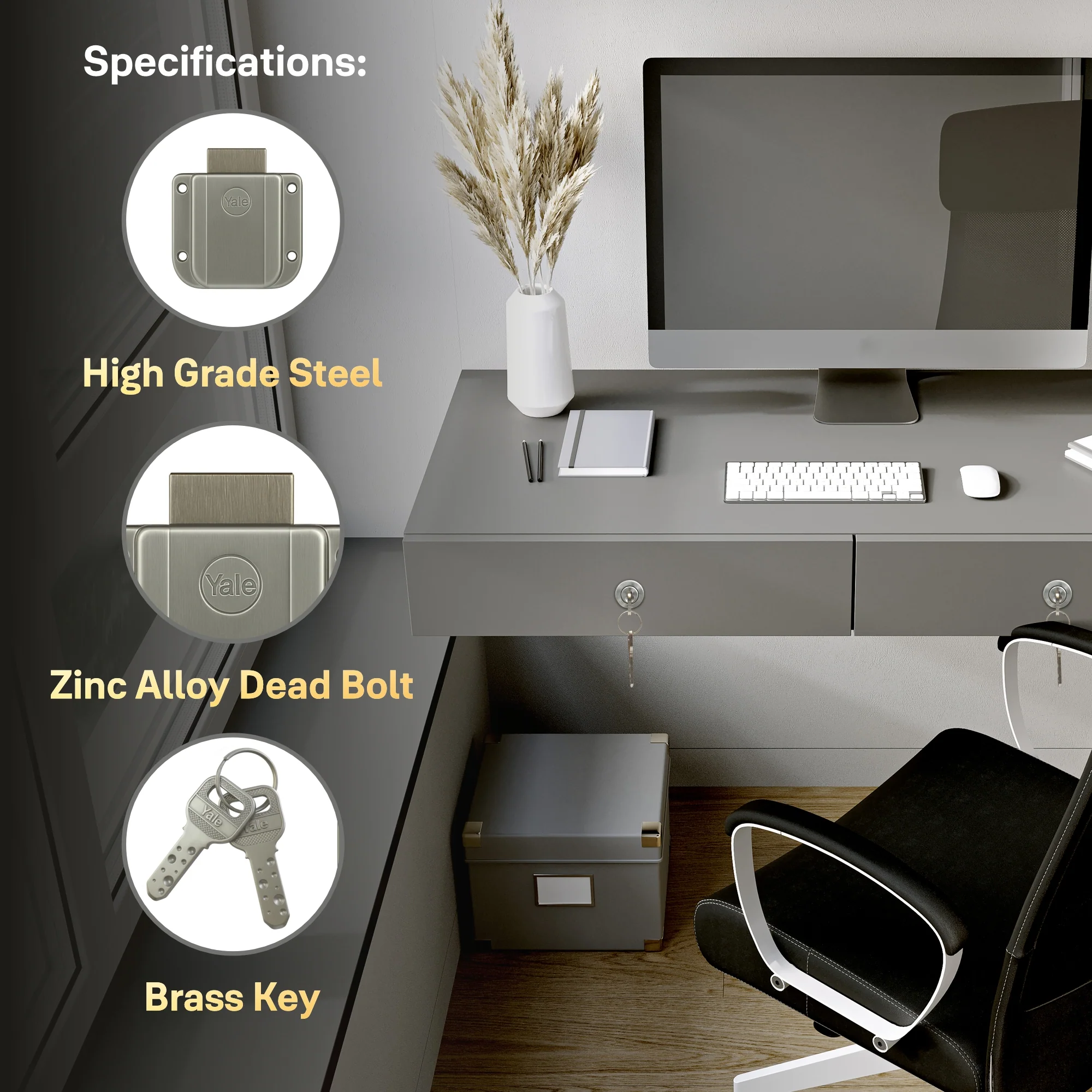 Yale Drawer Lock DRW Series 20mm | Stainless-steel Lock with Dimple Key | Reversible Keys | Nickel-plated bolt | Installed in Cupboards, Wardrobes & Wooden Furniture | Satin Steel Finish - Image 7
