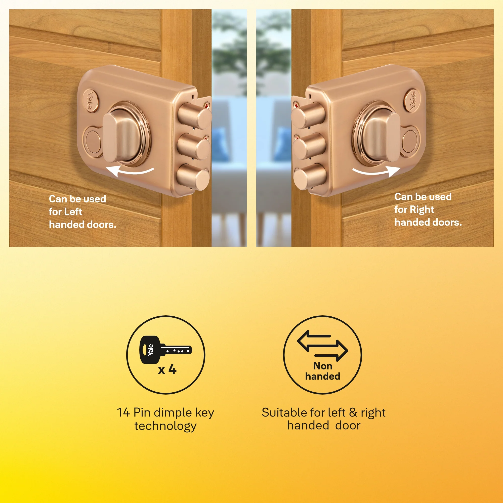 Yale KRT – Tribolt, 3 Deadbolts, Thumbturn, 4 Dimple Keys (Rose Gold Matt and Rose Gold), model KRT-3B-TT-RGM/RG - Image 2