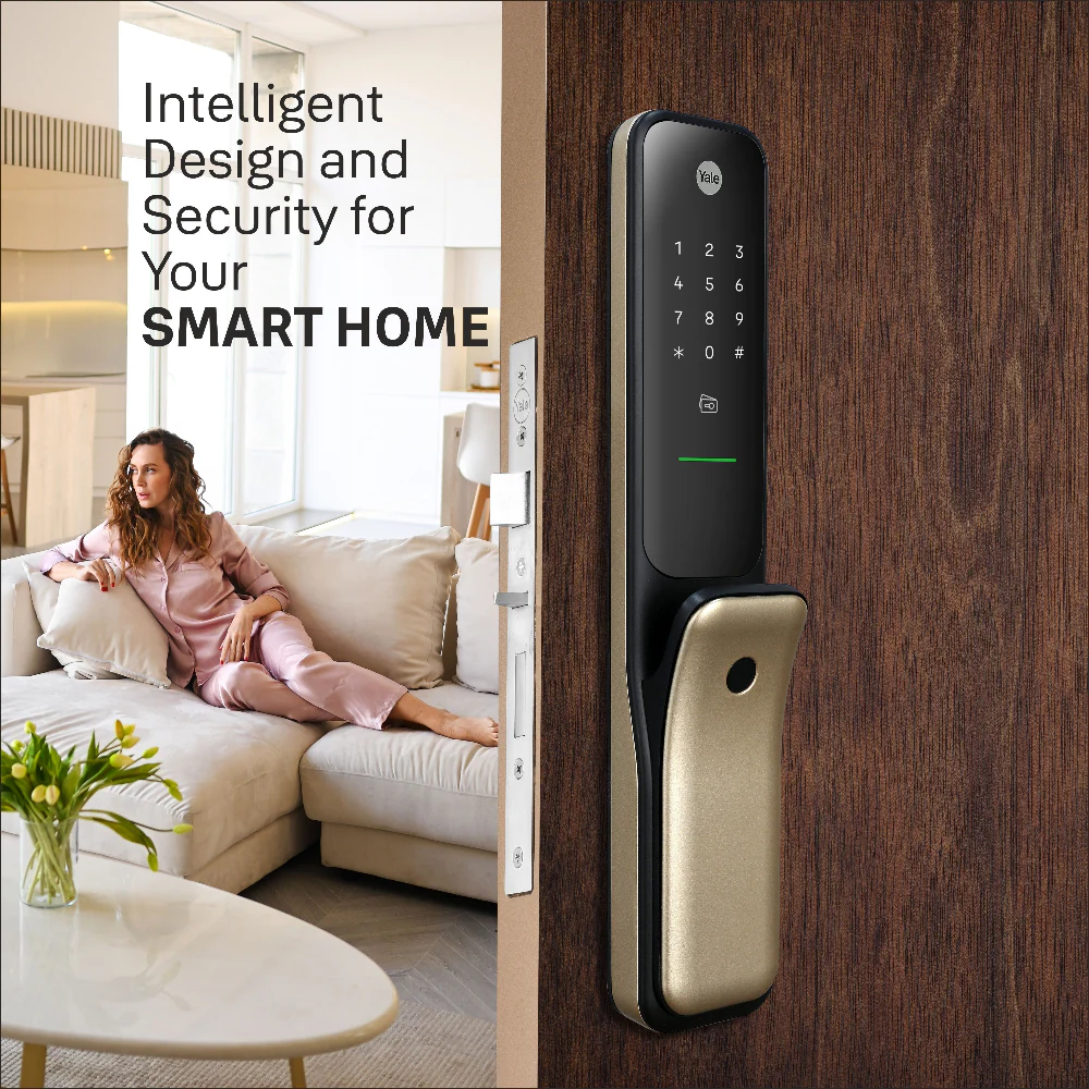 Yale Kyra Pro, Push Pull Smart Lock, with fingerprint, PIN, RFID, Manual Key, Gold - Image 2