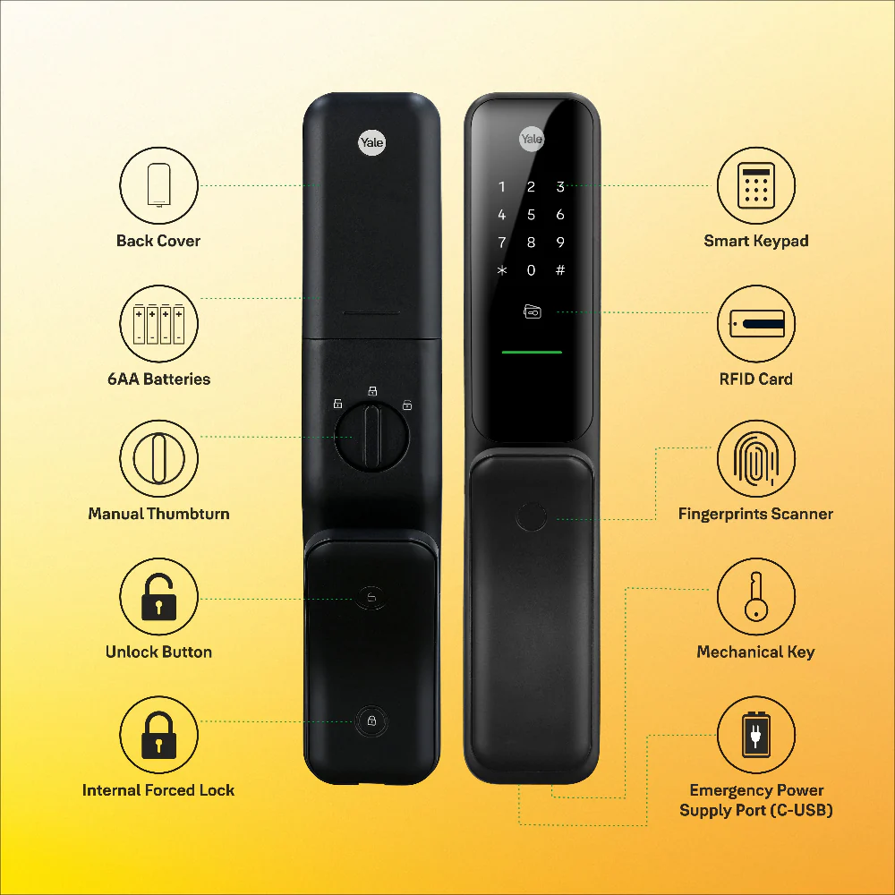 Yale Kyra Pro, Push Pull Smart Lock, with fingerprint, PIN, RFID, Manual Key, Gold - Image 3