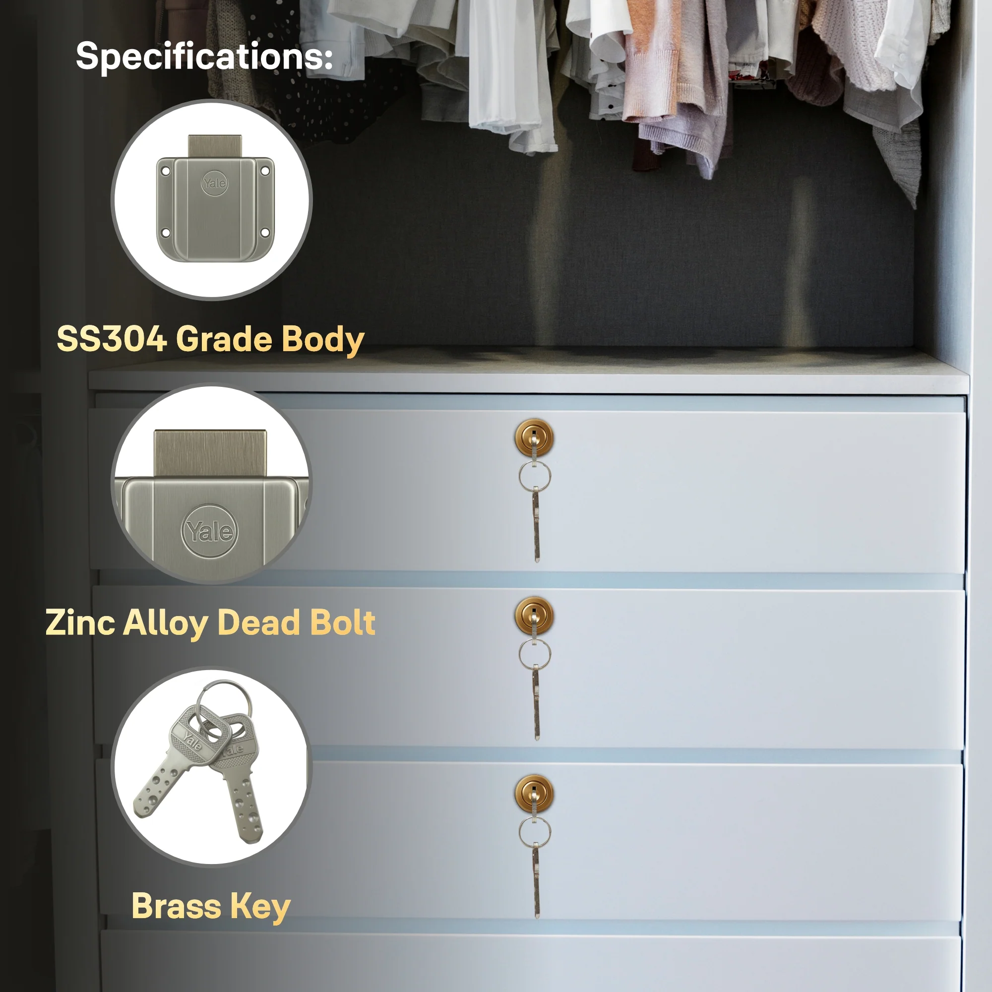 Yale Wardrobe Lock WRD Series 25mm | Stainless-steel Lock with Dimple Key | Reversible Keys | Deadbolt | Installed in Cupboards, Wardrobes & Wooden Furniture | Rose Gold - Image 4