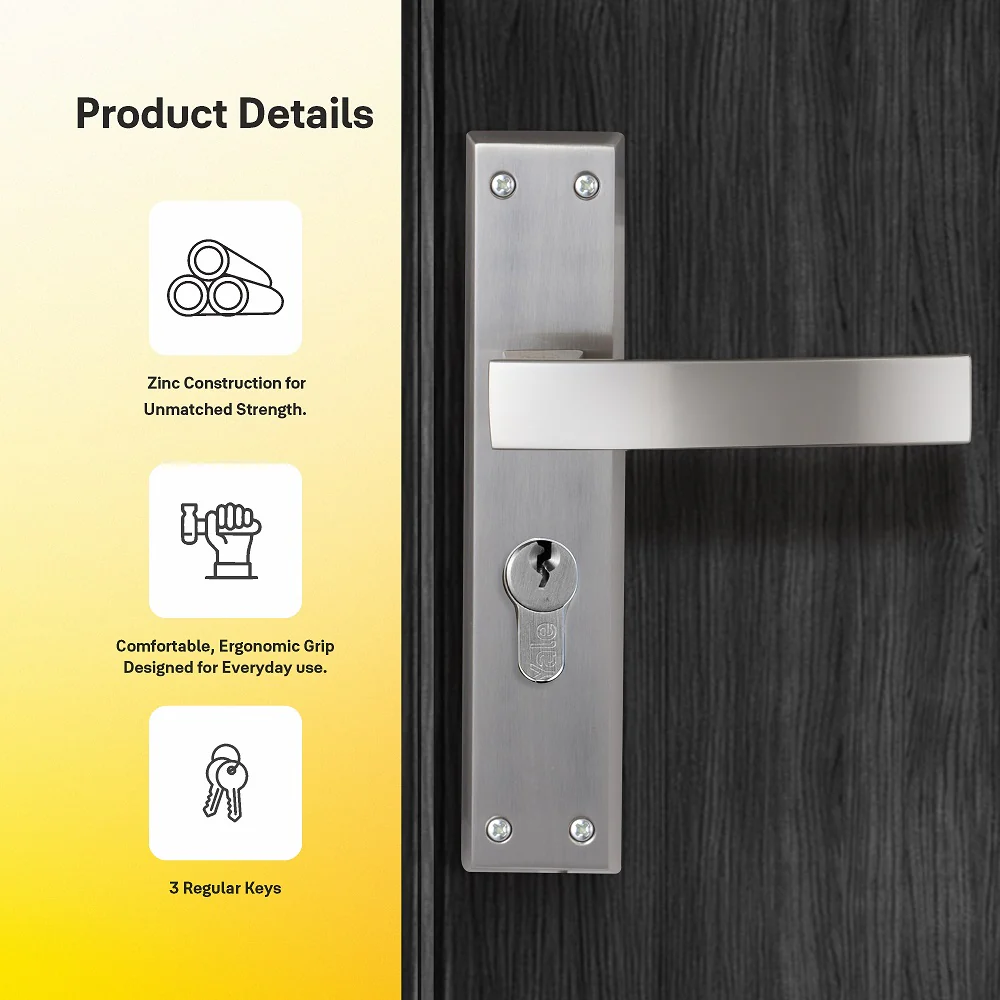 YECM-405-8P-TT-SS Mortise Door Handle set with lock body and Key cylinder with regular keys (3nos.), Satin Steel Finish - Image 7