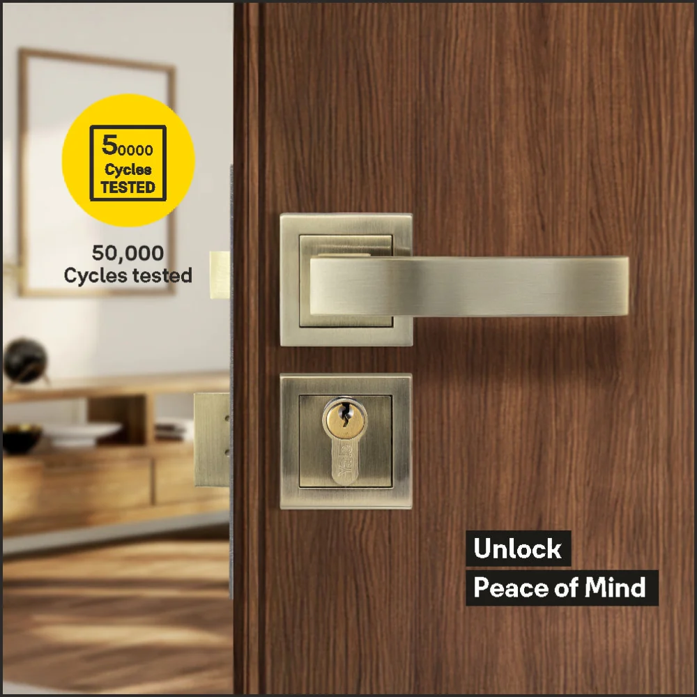 YECM-405-OR-TT-AB Mortise Door Handle Lock Set with Rose and Escutcheons, Cylinder with Knob inside and keys Outside, Antique Brass Finish - Image 3