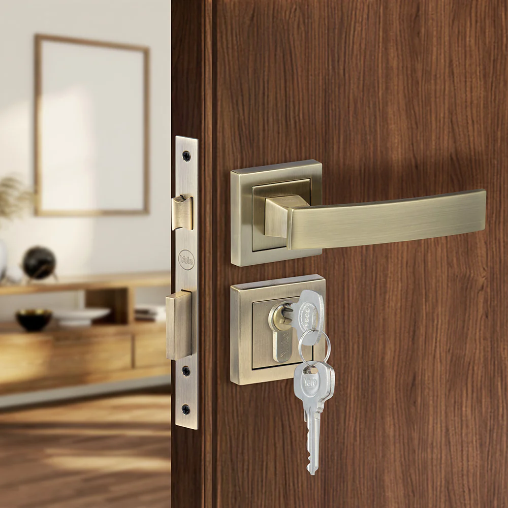 YECM-405-OR-TT-AB Mortise Door Handle Lock Set with Rose and Escutcheons, Cylinder with Knob inside and keys Outside, Antique Brass Finish - Image 5