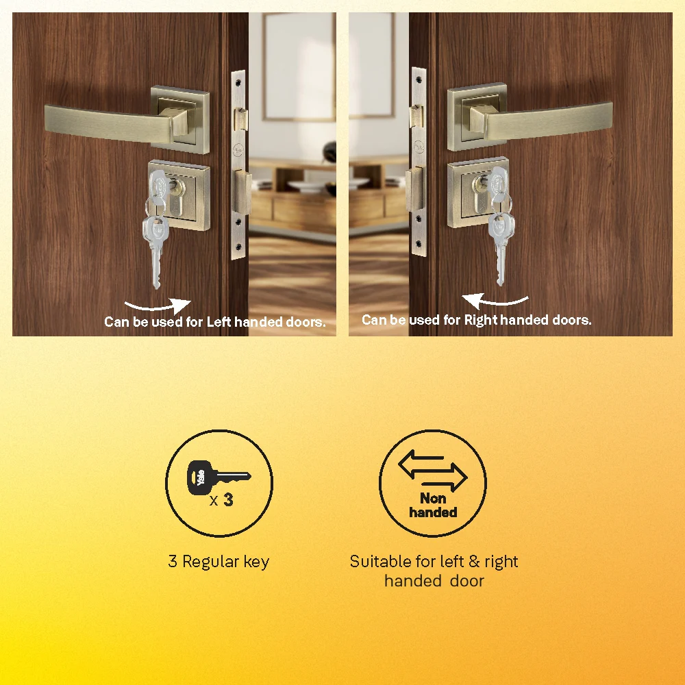 YECM-405-OR-TT-AB Mortise Door Handle Lock Set with Rose and Escutcheons, Cylinder with Knob inside and keys Outside, Antique Brass Finish - Image 6