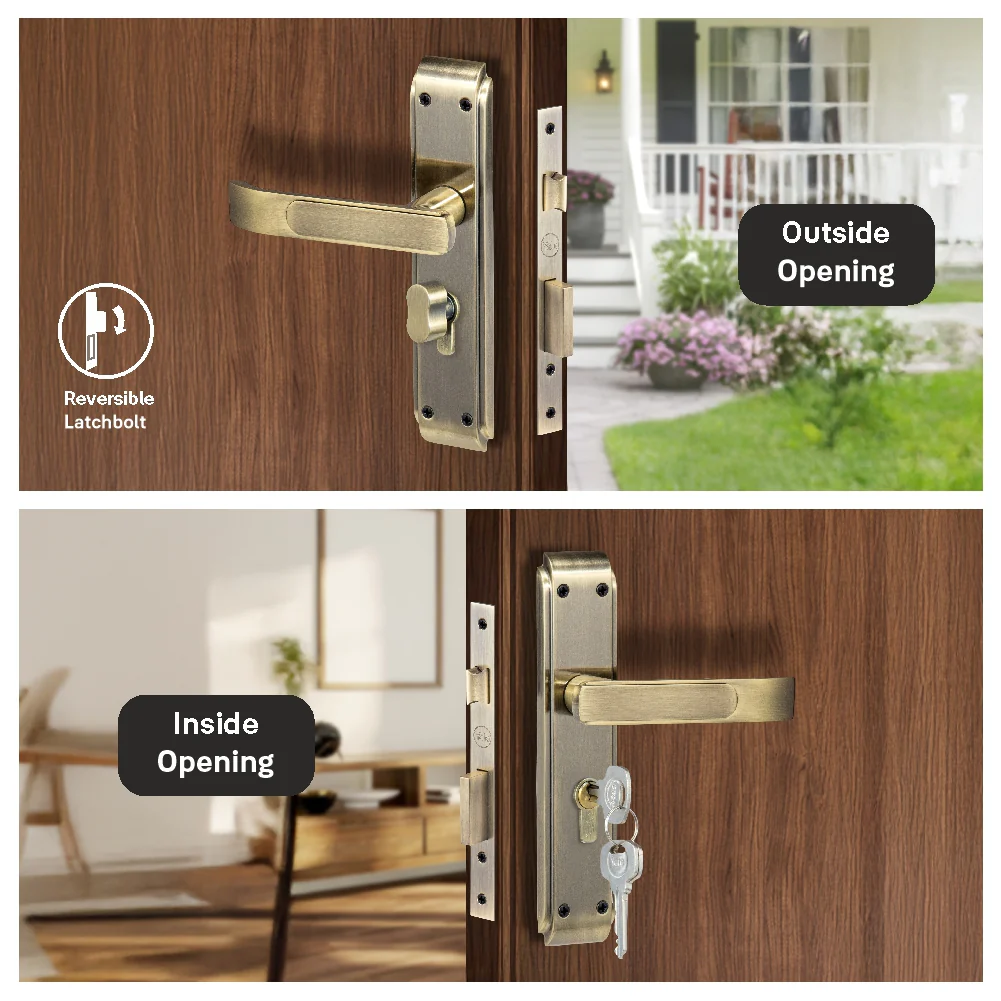 YECM-603-8P-TT-AB Mortise Door Handle set with lock body and Key cylinder with regular keys (3nos.), Antique Brass Finish - Image 5