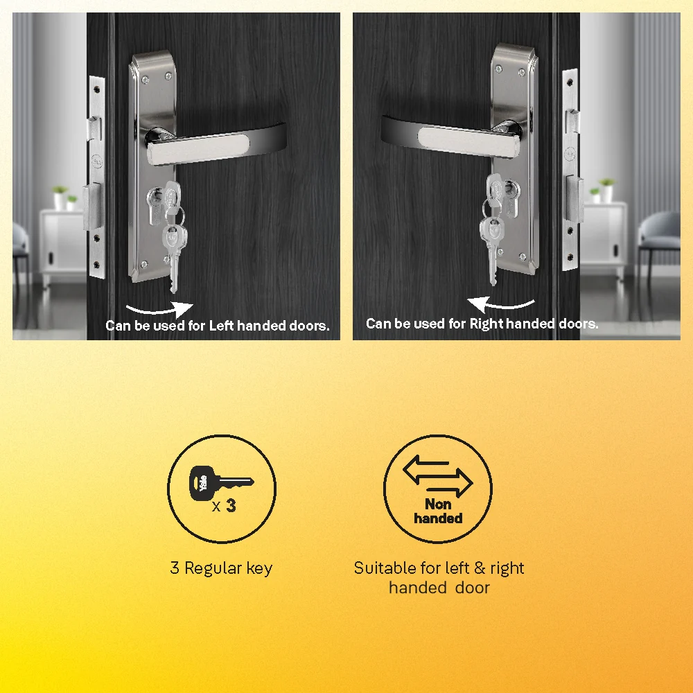 YECM-603-8P-TT-SS/CP Mortise Door Handle set with lock body and Key cylinder with regular keys (3nos.), Satin Steel Dual Tone - Image 6