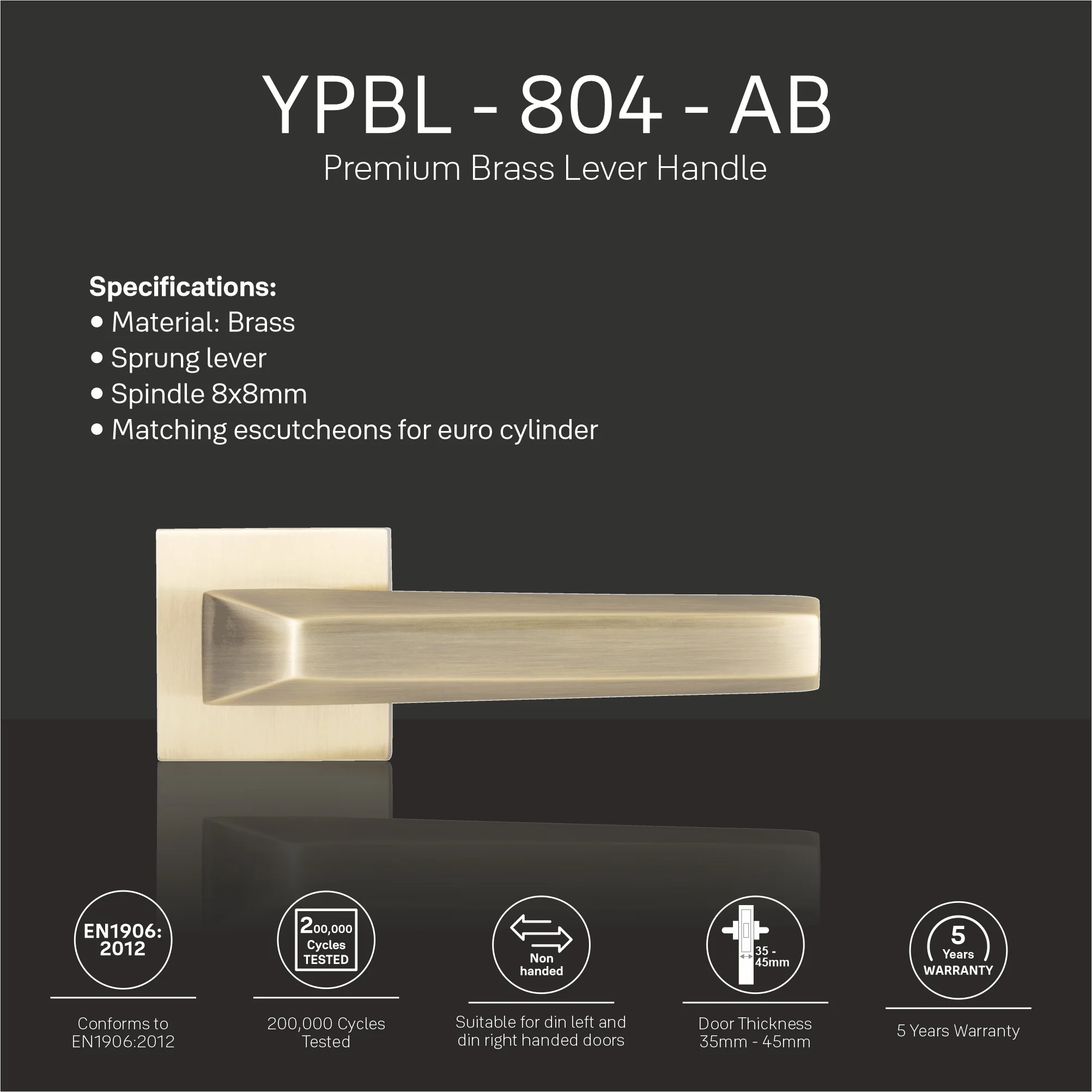 YPBL-804-Solid Brass Lever Handle, Antique Brass - Image 5